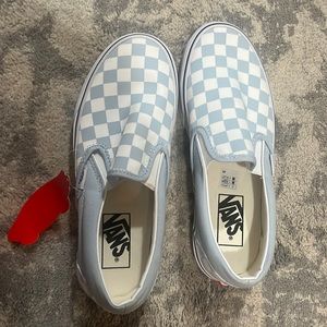 Never warn before blue checkered slip on vans